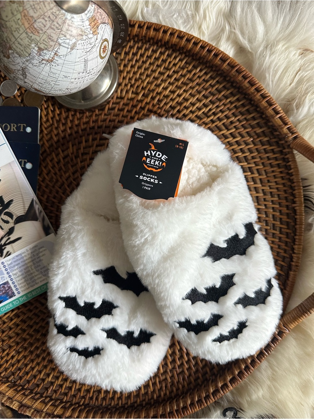 Hyde and EEK Boutique White Plush Slipper Grip Socks with Black Bat New Tags